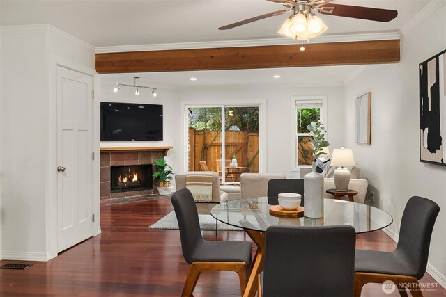 dining room featuring a ceiling fan, wood finished floors, a healthy amount of sunlight, and a fireplace