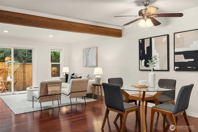dining space with beam ceiling, baseboards, ceiling fan, dark wood-type flooring, and recessed lighting