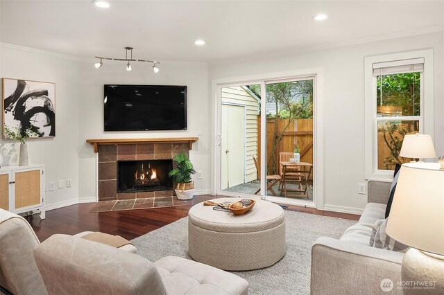 living area featuring baseboards, ornamental molding, a healthy amount of sunlight, and wood finished floors