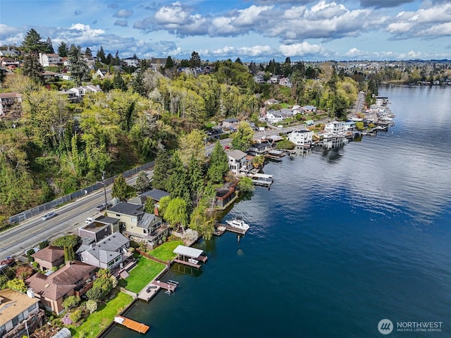 birds eye view of property with a residential view and a water view