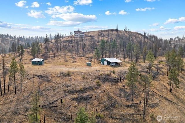 aerial view with a wooded view, a mountain view, and a rural view