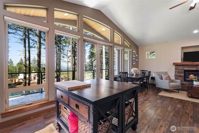 27406 NE 65th St, Camas, WA 98607 - dining space featuring vaulted ceiling, a stone fireplace, dark wood-style floors, healthy amount of natural light, and recessed lighting