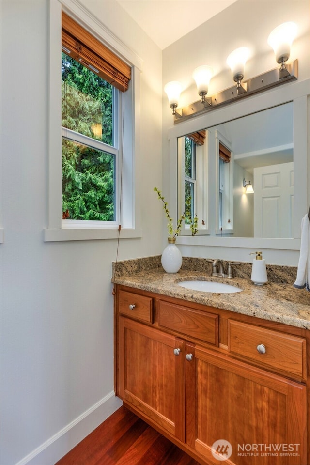 bathroom with baseboards, vanity, and wood finished floors