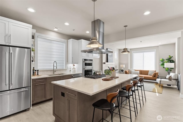 13362 NE 143rd Ct Unit 53, Woodinville, WA 98072 - kitchen with stainless steel appliances, light wood-style flooring, island exhaust hood, and a sink