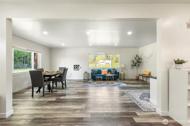 dining area with recessed lighting, wood finished floors, and a healthy amount of sunlight