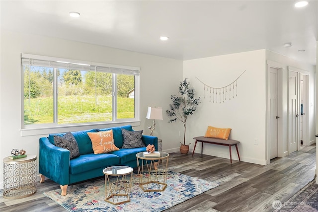 living room featuring baseboards, wood finished floors, and recessed lighting