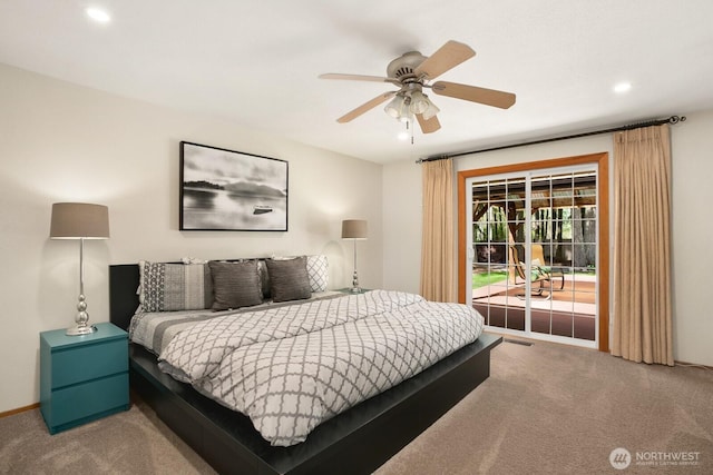 carpeted bedroom featuring recessed lighting, ceiling fan, and access to outside