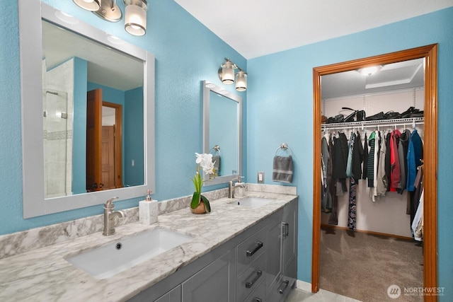 bathroom with double vanity, a spacious closet, and a sink