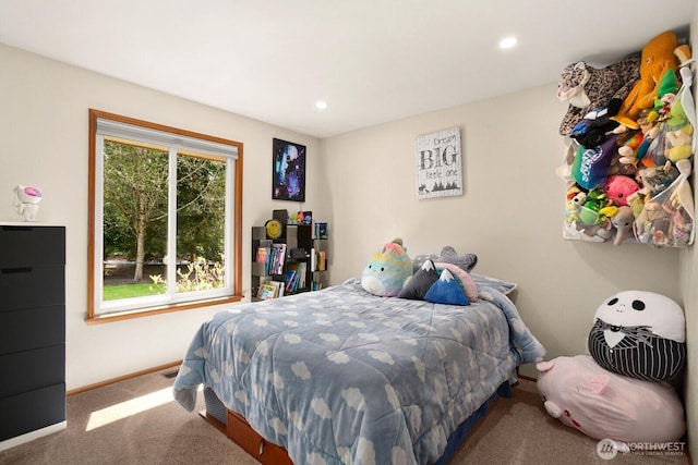 carpeted bedroom with baseboards and recessed lighting
