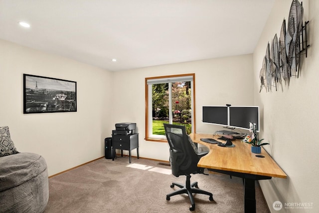 carpeted office featuring baseboards and recessed lighting