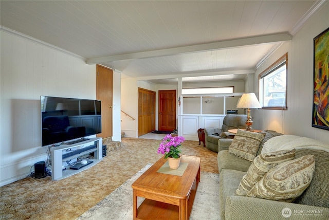 living room with wood ceiling, crown molding, light colored carpet, beam ceiling, and stairs