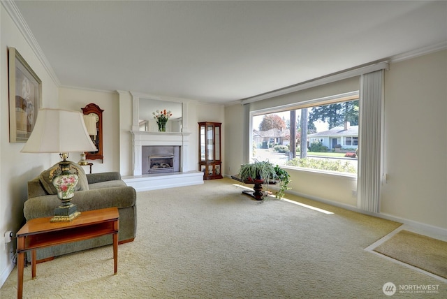 carpeted living area featuring a fireplace with raised hearth, ornamental molding, and baseboards