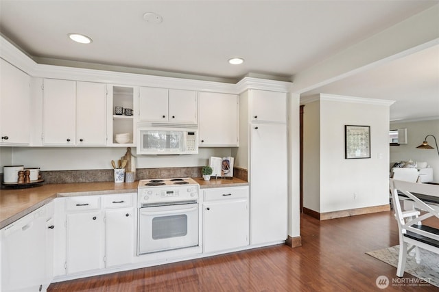 300 N 137th St Unit C, Seattle, WA 98133 - kitchen featuring white appliances, white cabinets, dark wood-style flooring, open shelves, and recessed lighting