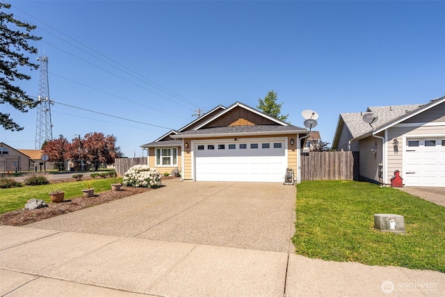 101 Holloway Dr, Chehalis, WA 98532 - ranch-style home with board and batten siding, fence, an attached garage, concrete driveway, and a front yard