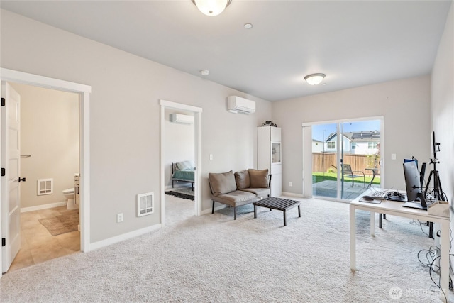 carpeted living area with baseboards, visible vents, and a wall unit AC