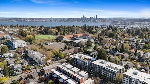 drone / aerial view with a water view