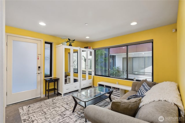 living room featuring recessed lighting and french doors