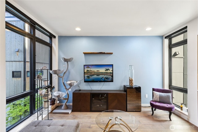 living area with baseboards, recessed lighting, and wood finished floors