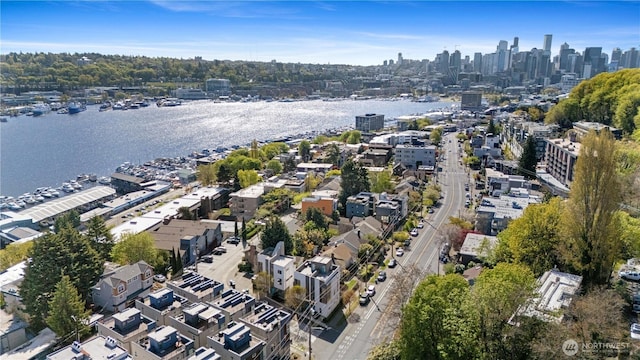 bird's eye view with a city view and a water view