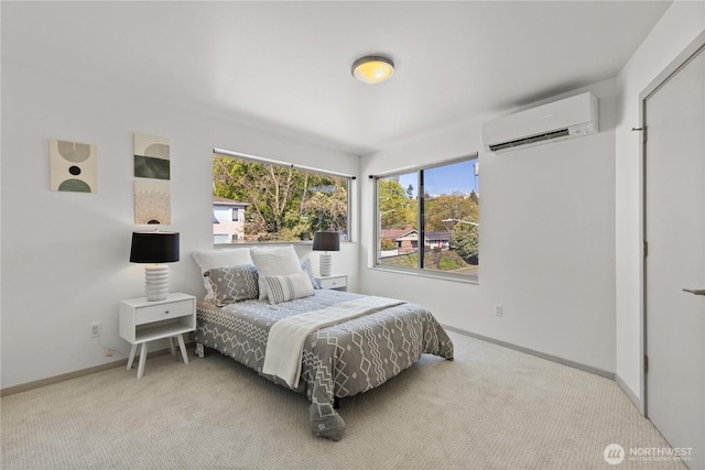 bedroom featuring carpet flooring, a wall mounted AC, and multiple windows