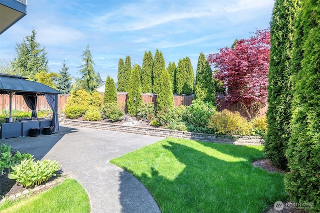view of yard featuring a patio, a gazebo, and a fenced backyard