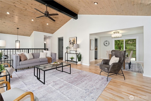 living area featuring wood finished floors, high vaulted ceiling, a ceiling fan, baseboards, and beamed ceiling