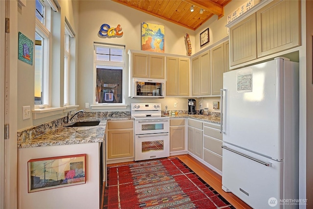 kitchen featuring a sink, white appliances, a wealth of natural light, beam ceiling, and wood ceiling