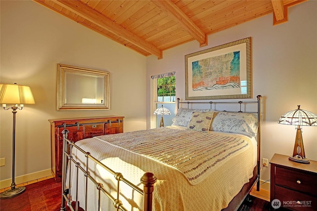 bedroom with dark wood finished floors, baseboards, wooden ceiling, and lofted ceiling with beams