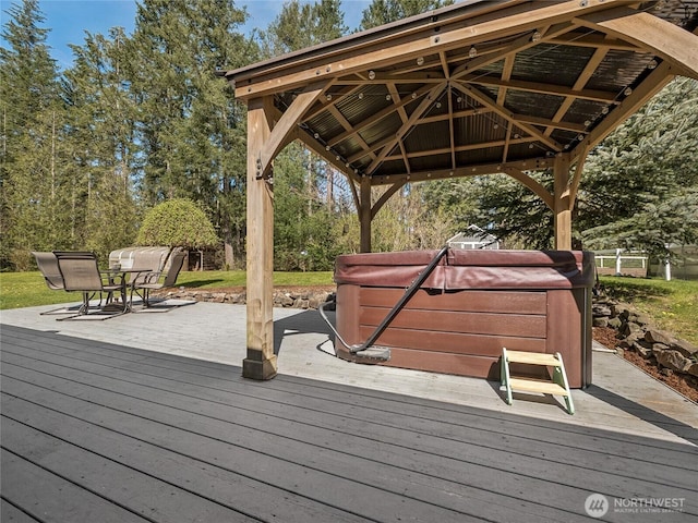 27709 293rd Ave SE, Ravensdale, WA 98051 - wooden deck featuring a gazebo, a hot tub, and outdoor dining space
