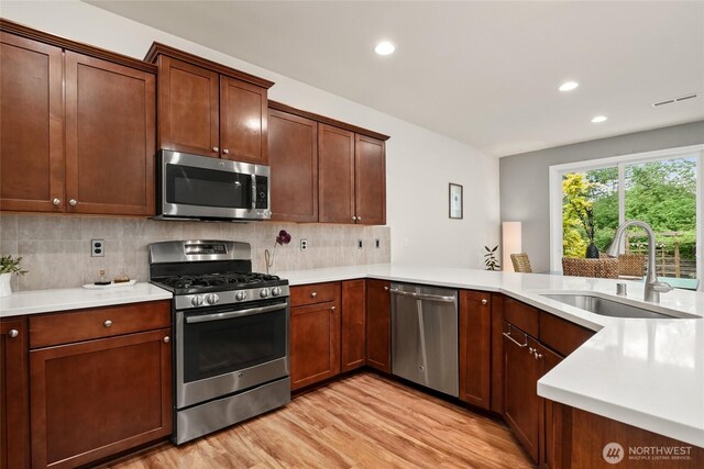 kitchen with stainless steel appliances, decorative backsplash, a sink, and light wood-type flooring