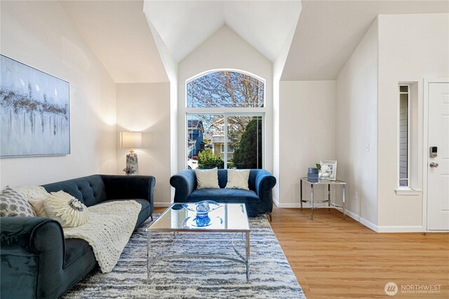 living area with lofted ceiling, wood finished floors, and baseboards