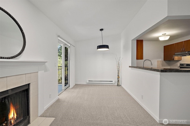 15415 35th Ave W Unit C304, Lynnwood, WA 98087 - hallway with light carpet, baseboards, a sink, and a baseboard radiator