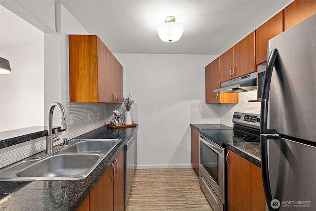 15415 35th Ave W Unit C304, Lynnwood, WA 98087 - kitchen featuring a sink, brown cabinets, appliances with stainless steel finishes, backsplash, and under cabinet range hood