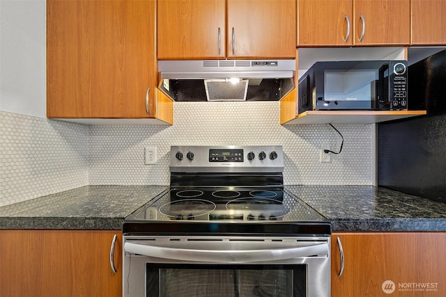 15415 35th Ave W Unit C304, Lynnwood, WA 98087 - kitchen featuring dark countertops, black microwave, electric range, and under cabinet range hood