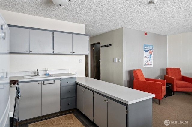 kitchen featuring a sink, gray cabinets, light countertops, and a peninsula