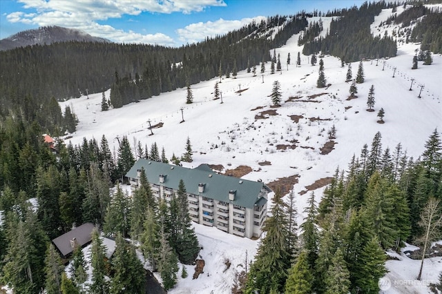 snowy aerial view with a wooded view and a mountain view