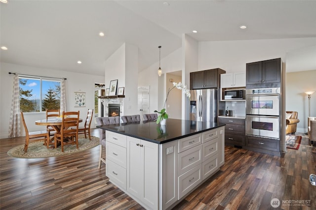 17908 NE 391st St, Amboy, WA 98601 - kitchen with dark wood-type flooring, a glass covered fireplace, dark countertops, stainless steel appliances, and baseboards