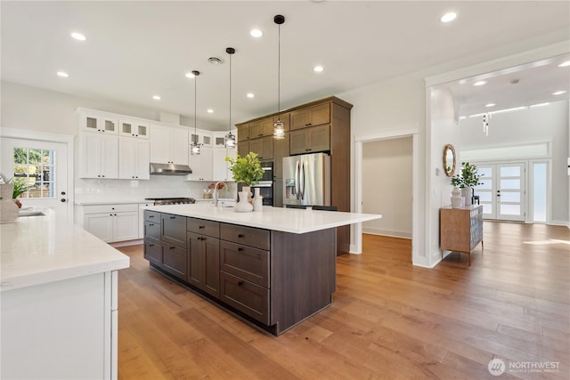 kitchen featuring under cabinet range hood, glass insert cabinets, stainless steel appliances, white cabinets, and light wood-type flooring
