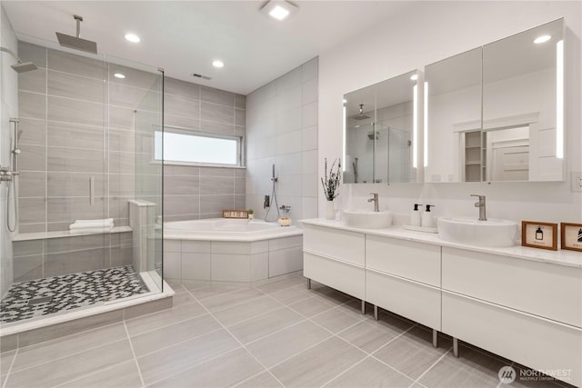 full bathroom featuring a sink, double vanity, a stall shower, and a bath