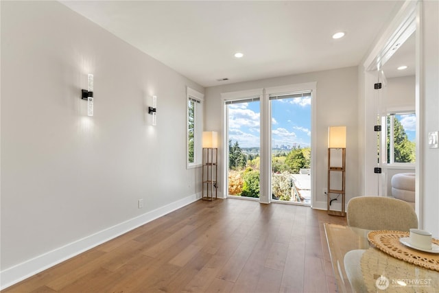 doorway to outside featuring baseboards, recessed lighting, a healthy amount of sunlight, and wood-type flooring