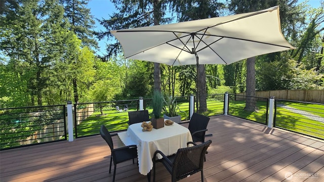 wooden deck with a yard, outdoor dining space, and fence