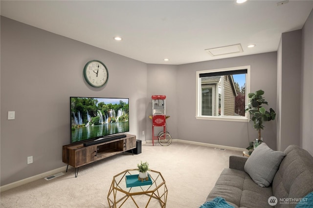 living room with light carpet, baseboards, and recessed lighting