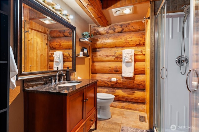 bathroom with rustic walls, visible vents, toilet, vanity, and a stall shower