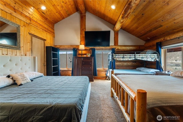 bedroom with carpet flooring, wooden ceiling, lofted ceiling with beams, and log walls