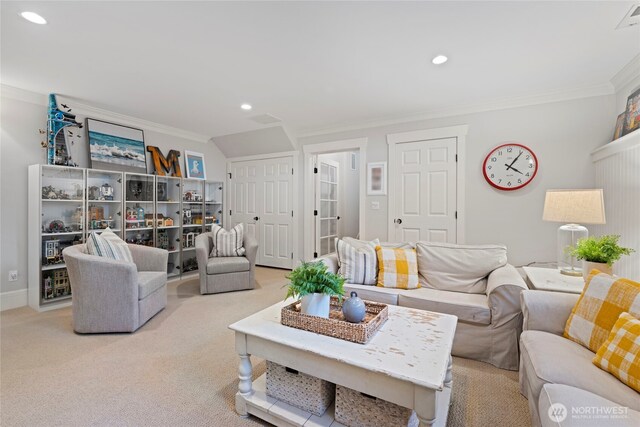 3119 108th Ave SE, Bellevue, WA 98004 - living room featuring ornamental molding, carpet floors, recessed lighting, and baseboards