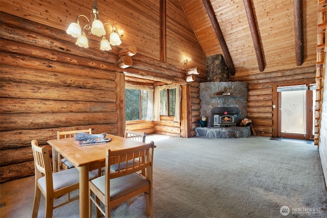 19708 NE 288th Cir, Battle Ground, WA 98604 - carpeted dining area with rustic walls, a wood stove, beamed ceiling, high vaulted ceiling, and wooden ceiling