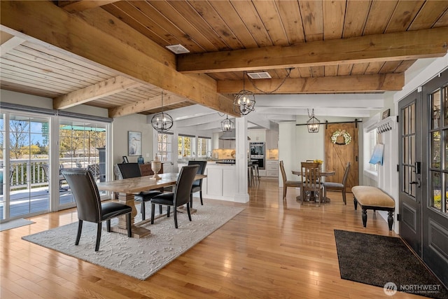 7501 Stinson Ave, Gig Harbor, WA 98335 - dining space featuring light wood-type flooring, wooden ceiling, a chandelier, and beamed ceiling