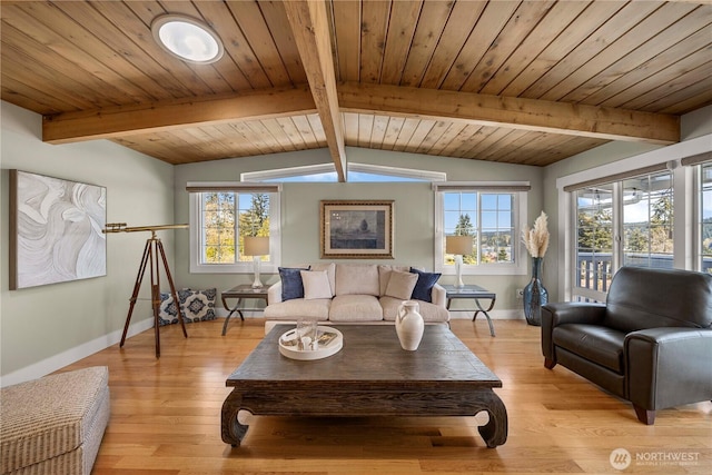 7501 Stinson Ave, Gig Harbor, WA 98335 - living room featuring lofted ceiling with beams, light wood-style flooring, baseboards, and a healthy amount of sunlight