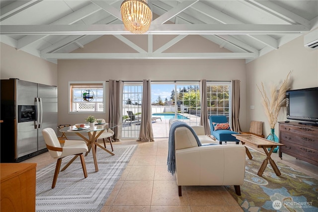 7501 Stinson Ave, Gig Harbor, WA 98335 - living area with a chandelier, beam ceiling, high vaulted ceiling, and light tile patterned floors