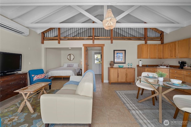 7501 Stinson Ave, Gig Harbor, WA 98335 - living area with high vaulted ceiling, light tile patterned flooring, a chandelier, beam ceiling, and a wall unit AC